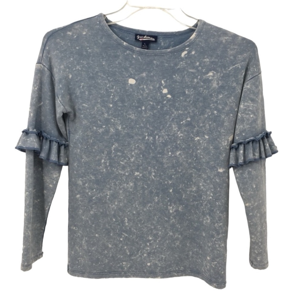 Freshman BlueGrey White Long Sleeve Ruffle Detail Athleisure Pullover Top - Sz L